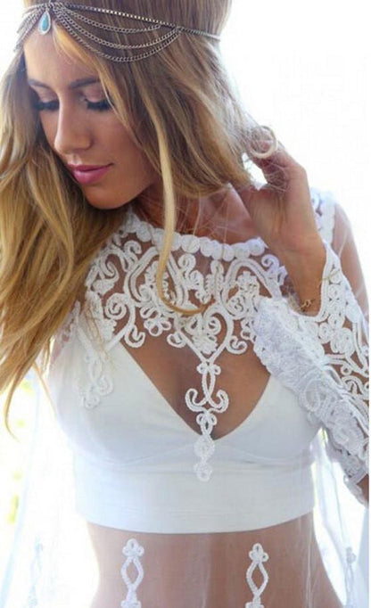 Lace Transparent Long Sleeves Beach Bikini Cover Up Dress