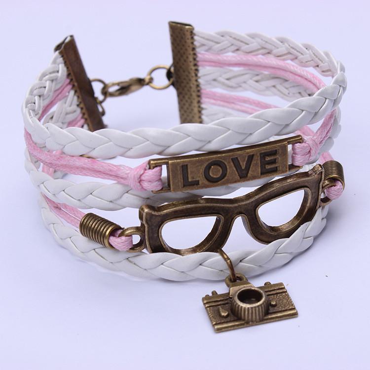 Cute Camera Glasses Leather Cord Woven Bracelet