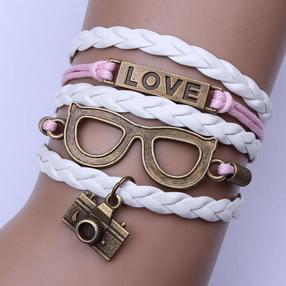 Cute Camera Glasses Leather Cord Woven Bracelet