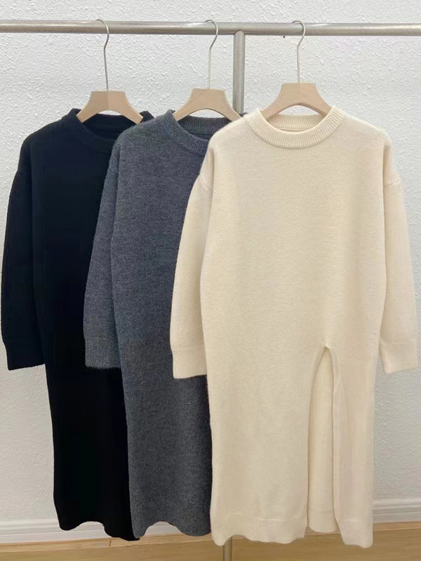 Simple Long Sleeves Loose Split-Side Solid Color Round-Neck Sweater Tops