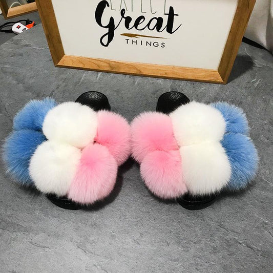 Color Matching Large Fur Real Natural Fox Fur Slides Colorful Fluffy Fur Slides Sandals Slippers Fashion Women Shoes