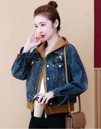 Fashion Hooded Loose Denim Coat Fake Two-Piece Set