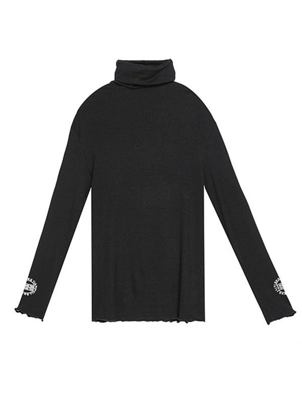 Casual Long Sleeves Skinny Letter Print Solid Color High-Neck T-Shirts Tops-Homeunderwear