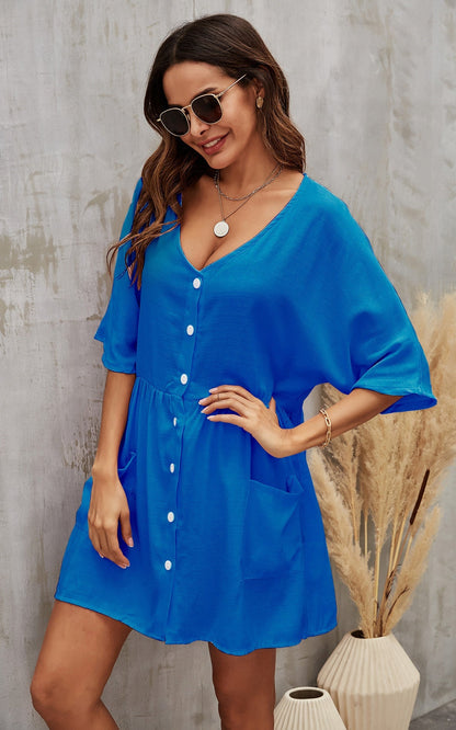 Button Front V Neck Mini Dress Blue