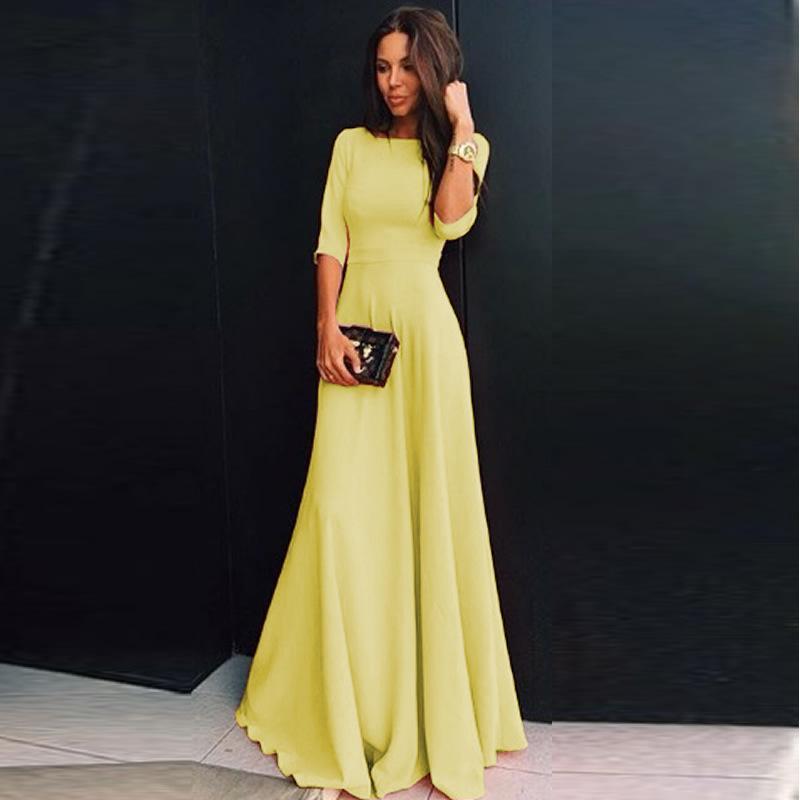 Slim Pure Color 3/4 Sleeves Pleated Long Maxi Dress