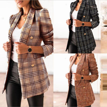 Casual Long Sleeve Double Breasted Printed Blazer Coat