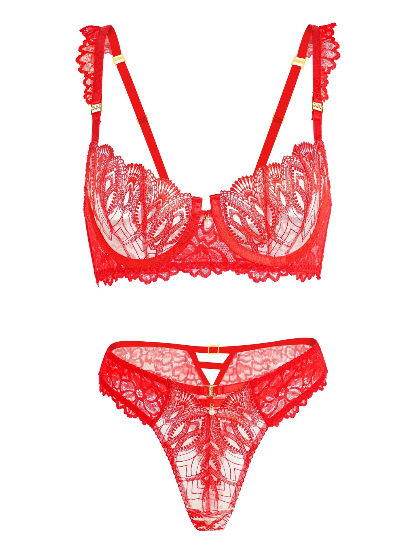 Free Shipping For Eye-catching Red Embroidered Small Pearl Lingerie Set