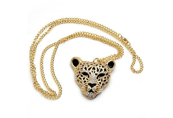 Rhinestone Leopard Tiger Head Chain Necklace Sweater