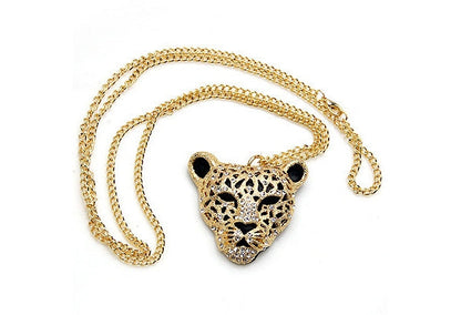 Rhinestone Leopard Tiger Head Chain Necklace Sweater