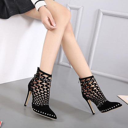 Hollow riveted high-heeled Suede Sandals