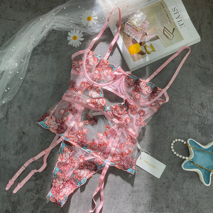 Free Shipping For Pink Floral Embroidered Cut Out Bodysuit