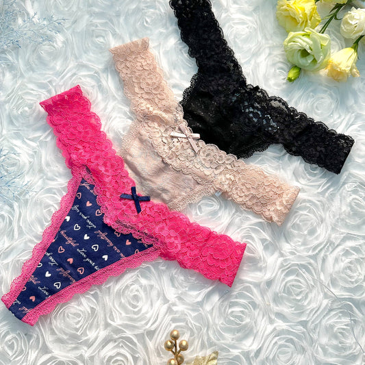 Free Shipping For 3 Pack T Back Lace Low Waist Cotton Seamless Thongs