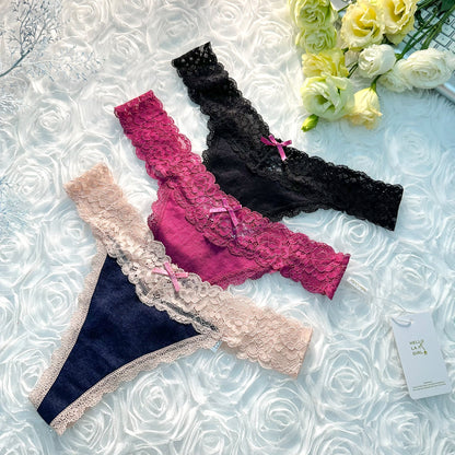 Free Shipping For Solid Color T Back Lace Low Waist Cotton Seamless 3 Pack Thongs