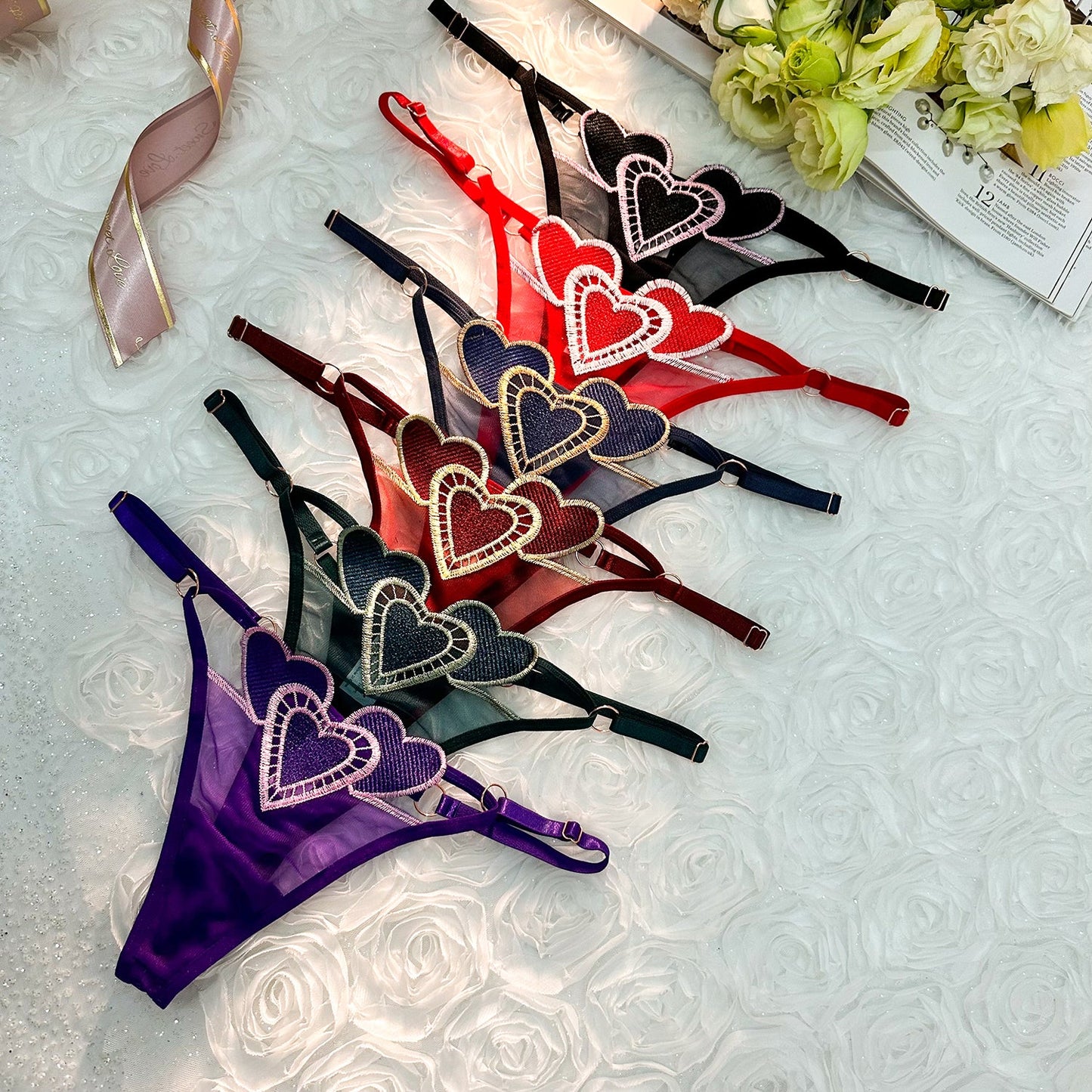 Heart Embroidery Adjustable Waist Mesh Thong