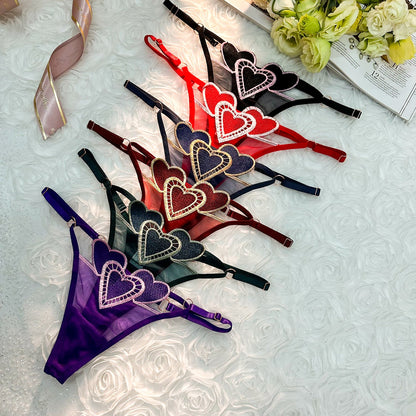 Heart Embroidery Adjustable Waist Mesh Thong