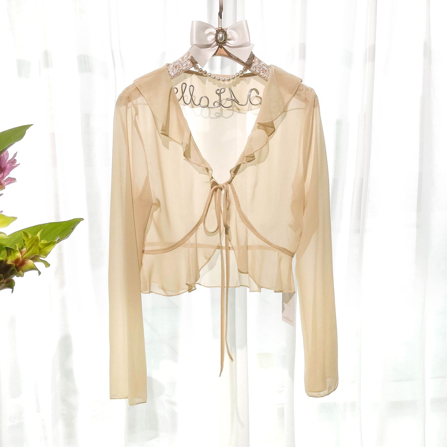 Free Shipping For Apricot Tie Front Sheer Long Sleeve Chiffon Cropped Top