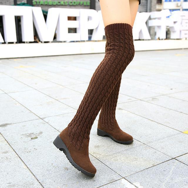 Knitted Wool High Barrel Flat Bottomed Over Knee Elastic Boots