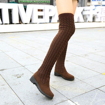 Knitted Wool High Barrel Flat Bottomed Over Knee Elastic Boots