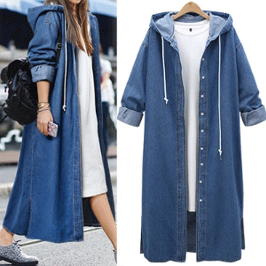 Autumn And Winter New Hooded Long Sleeved Denim Coat Single Breasted Long Windbreaker-Homeunderwear