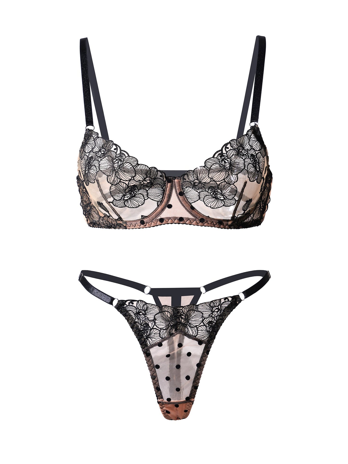 Free Shipping For  Nude Black Spot Soft Lace Lingerie Set