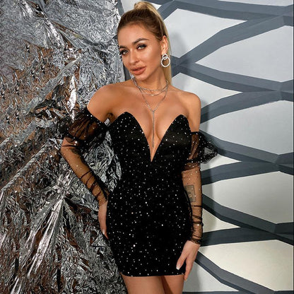 Deep V-Neck Wrap Chest Sequin Backless Spinning Dress