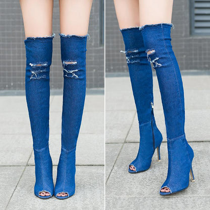 Denim Thin Heel Fish Mouth Knee High Boots