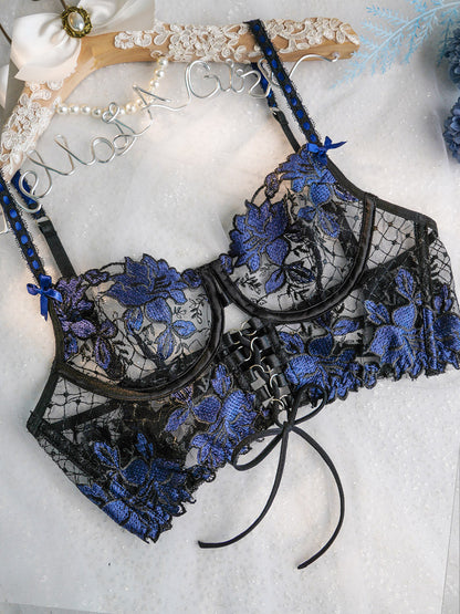 Free Shipping For Black&Blue Floral Embroidery Ribbon Lingerie Set