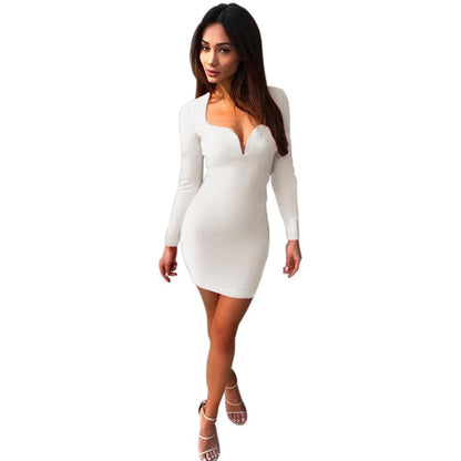 Clearance Long Sleeve Deep Plunge Neckline Short Dress