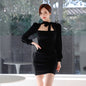 Bow-Tie Belted Square Neck Lantern Sleeve Slim Fit Pencil Dress