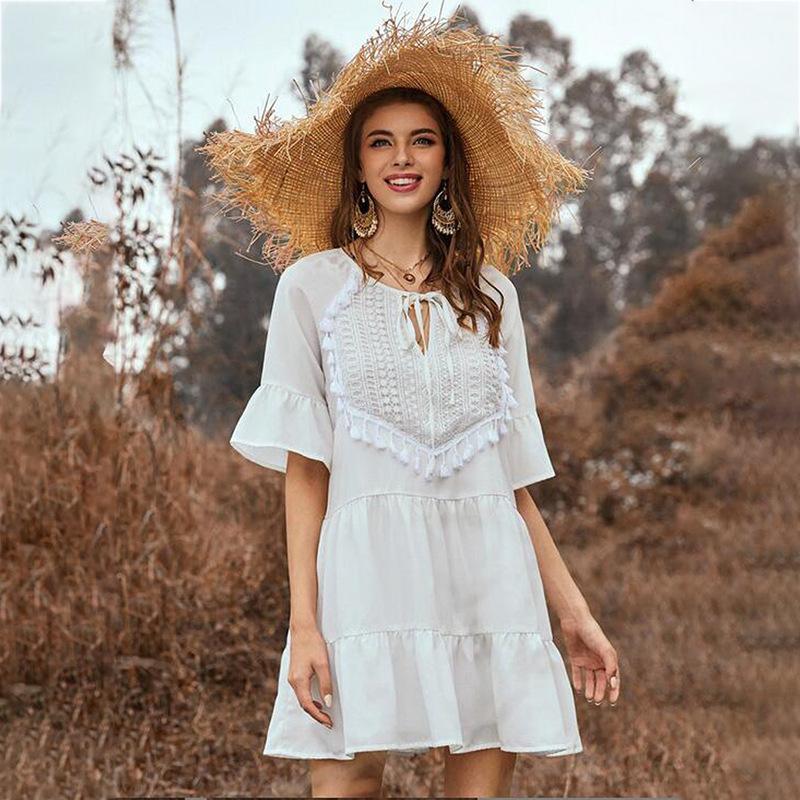 Ruffle Fringe Neckline Lace Up Flared Sleeve Dress