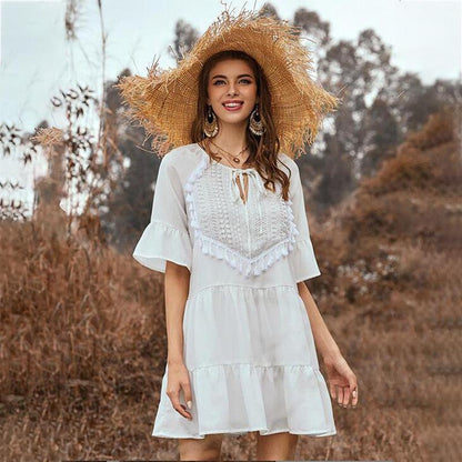 Ruffle Fringe Neckline Lace Up Flared Sleeve Dress