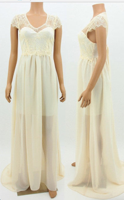 Clearance Lace Chiffon Bowknot High Waisted Cap Sleeve V-neck Long Dress