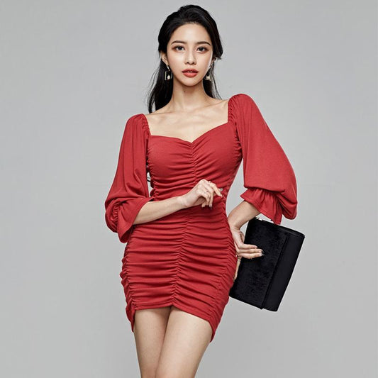 Flared Sleeve Smocked Slim Dress