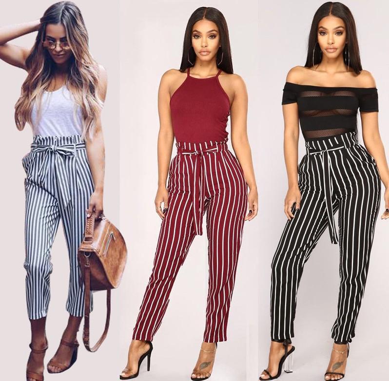 Clearance Striped Slim Strap Belt Long Skinny Casual Pants