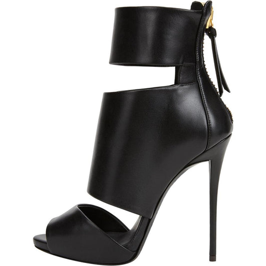 Sexy Black Leather Zipper Open Toe High Heel Sandals