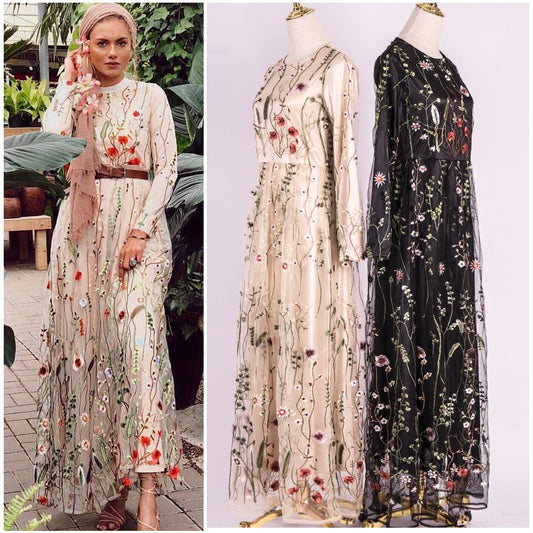 Embroidery Flowers Transparent Mesh Patchwork Long Dress