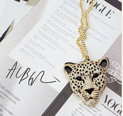 Rhinestone Leopard Tiger Head Chain Necklace Sweater