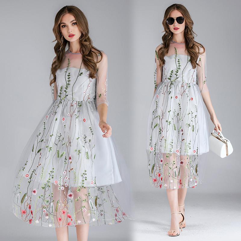 Embroidery Flowers Transparent Mesh Patchwork Tee-length Dress