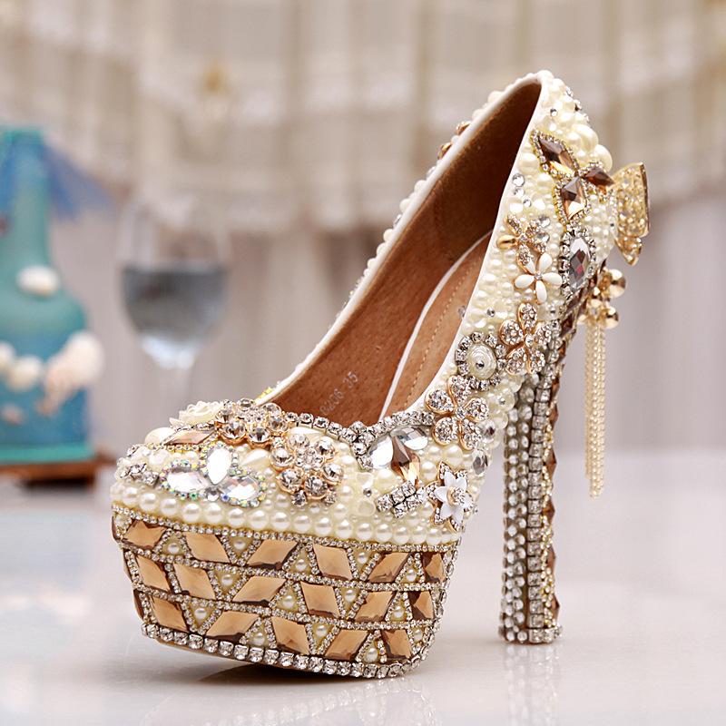 Champagne Rhinestone Pearl Handmade Super High Heel Wedding Shoes