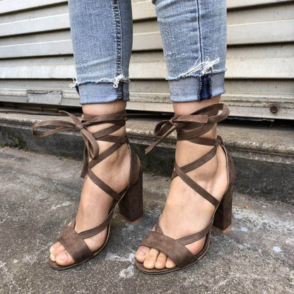 Open Toe Ankle Wraps Lace Up Chunky Heels Sandals