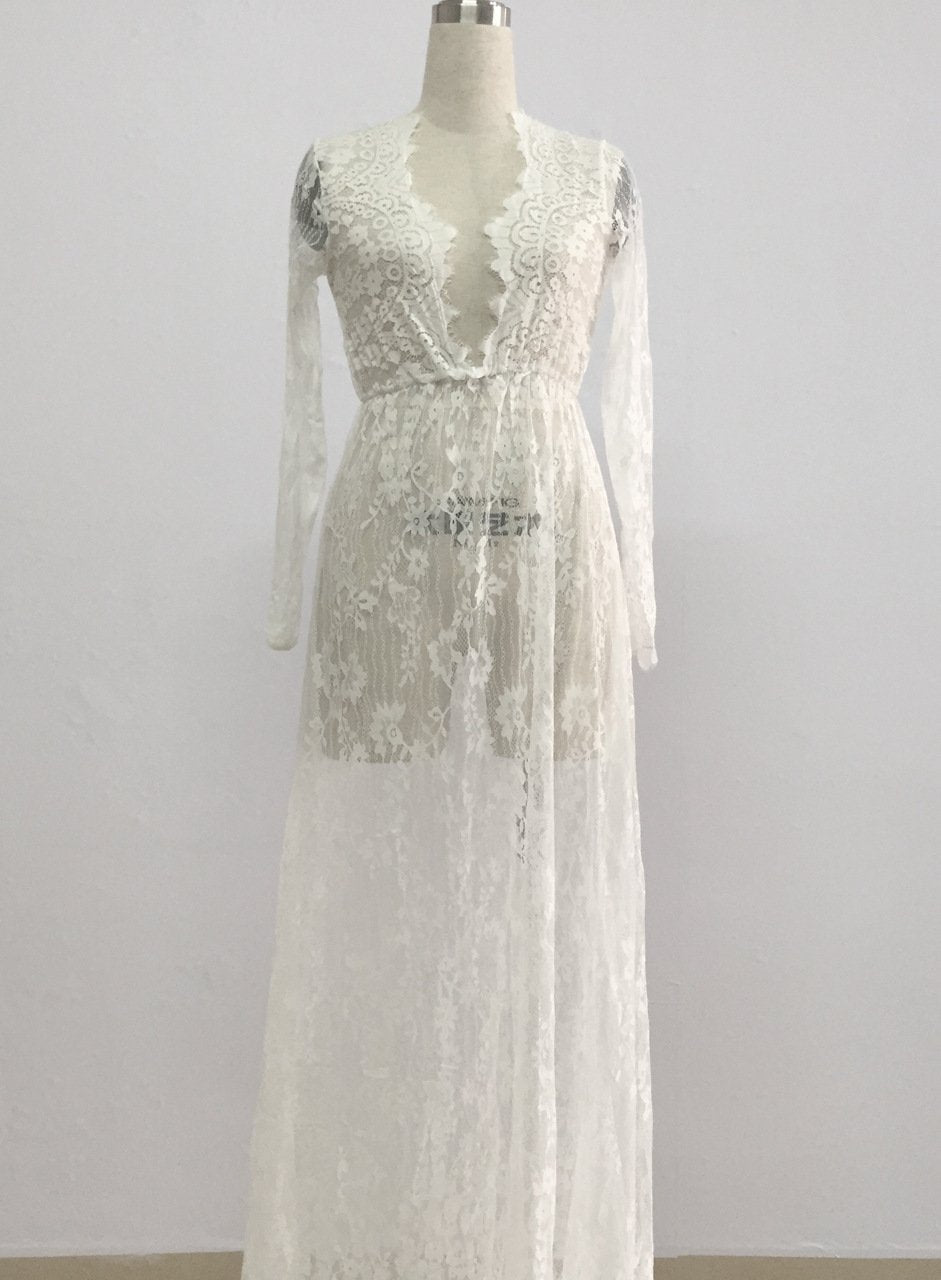 Clearance Lace Embroidery Hollow Out Sexy Deep V Dress