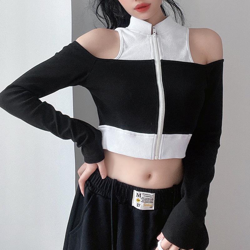 Off shoulder fake two piece contrast long sleeve T-shirt-homeunderwear