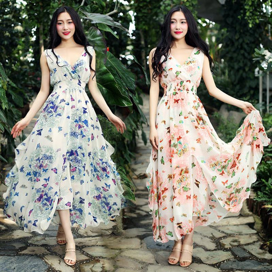 Beautiful Scoop Sleeveless Butterfly Print Long Pleated Chiffon Beach Dress