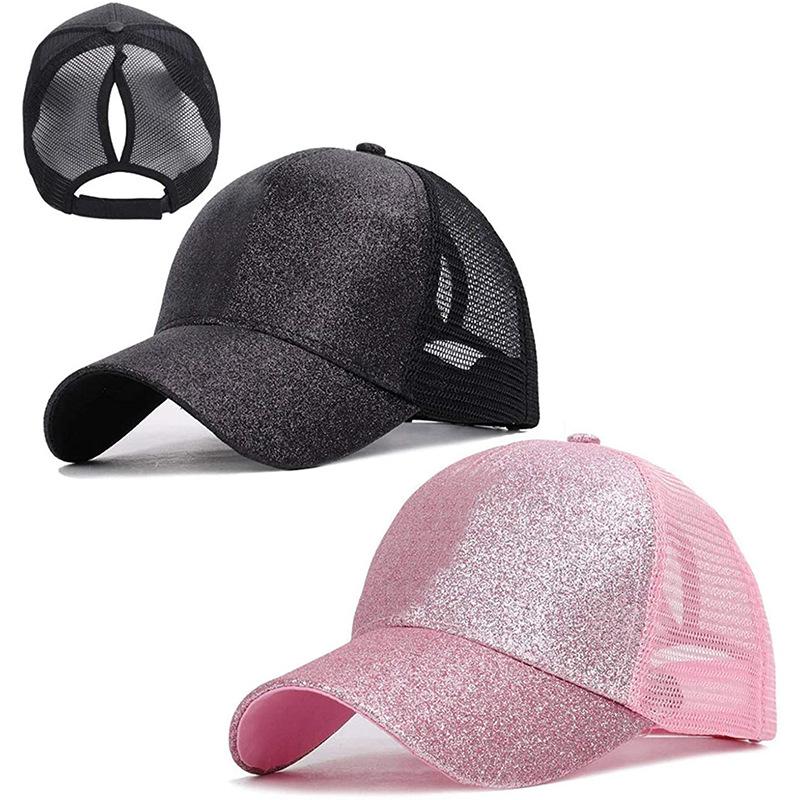 BRIGHT PINK SEQUIN Gold Powder Horsetail Baseball Cap