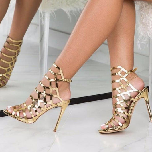 Hollow Metal Luster High-Heeled Women's Sandals