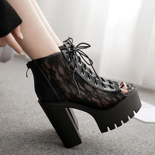 Lace Fashion Sandals Thick Heel Thick Sole Waterproof Platform Sandals Short Boots