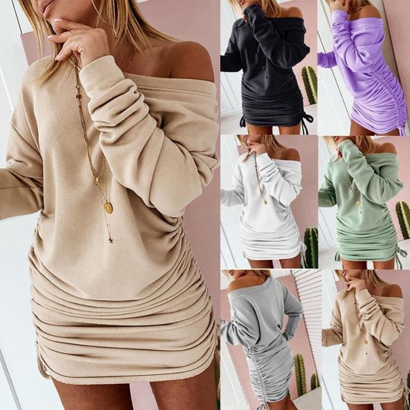 Off Shoulder Drawstring pleated Long Sleeve Dress-homeunderwear