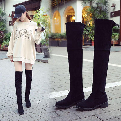 Long Elastic Knee  Suede Flat Boots