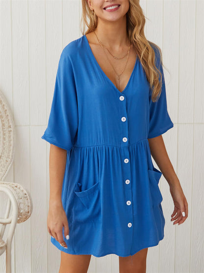 Button Front V Neck Mini Dress Blue