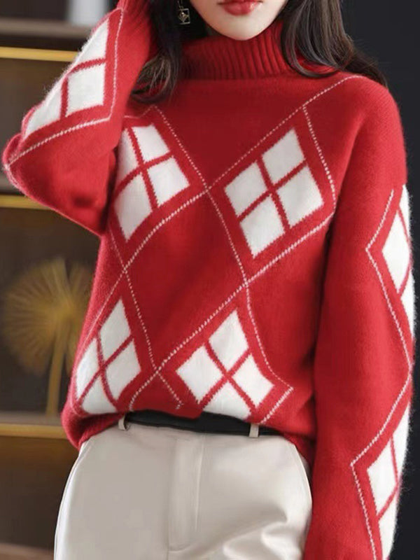 Casual Long Sleeves Loose Plaid High-Neck Sweater Tops-Homeunderwear